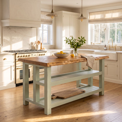 KINGSLEY Light Green Live Edge Kitchen Island Solid Wood With Shelf / Breakfast Bar