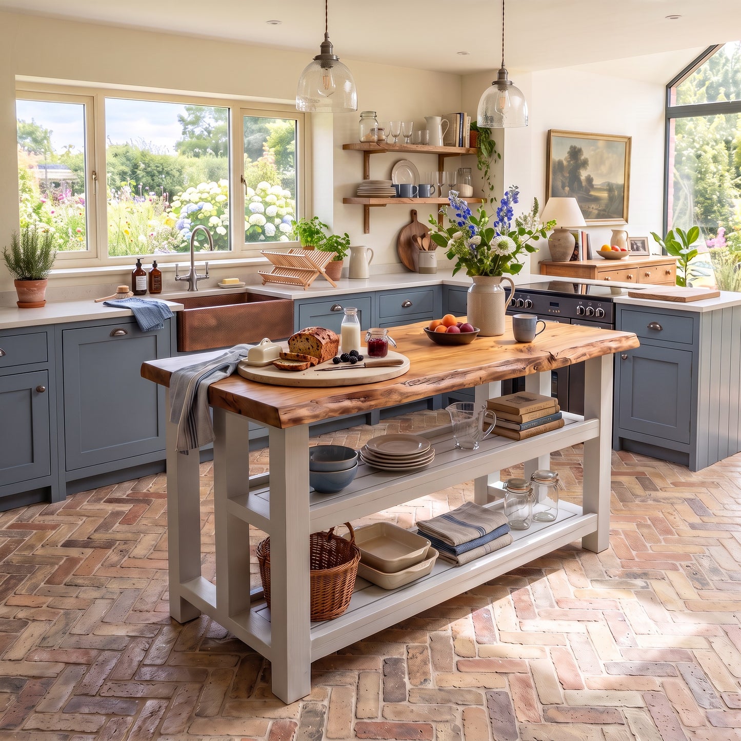 KINGSLEY Light Grey Kitchen Island Solid Wood With Shelf / Breakfast Bar