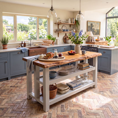 KINGSLEY Light Grey Kitchen Island Solid Wood With Shelf / Breakfast Bar