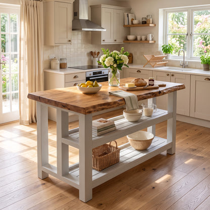 KINGSLEY Light Grey Kitchen Island Solid Wood With Shelf / Breakfast Bar