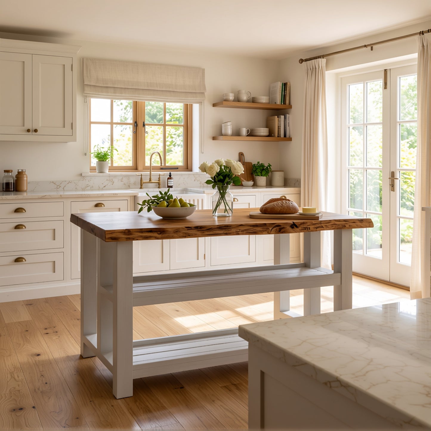 KINGSLEY Light Grey Kitchen Island Solid Wood With Shelf / Breakfast Bar