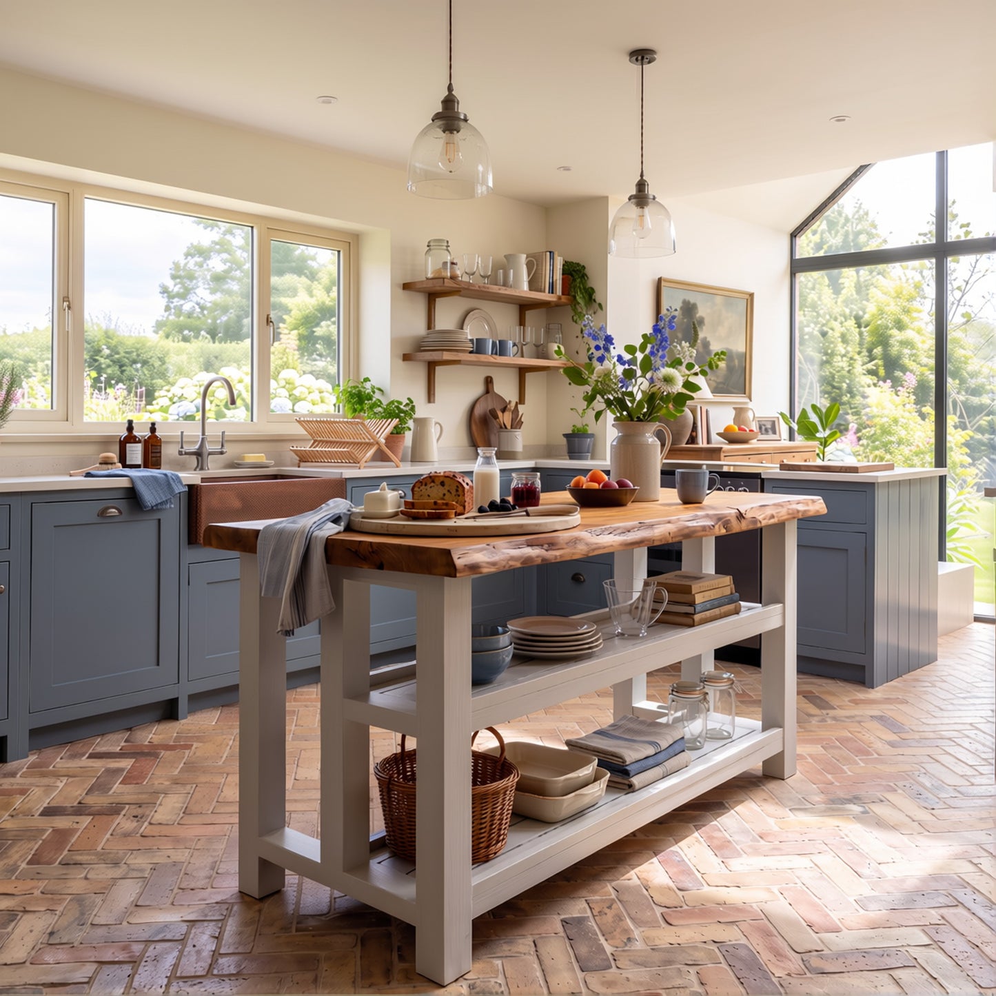 KINGSLEY Light Grey Kitchen Island Solid Wood With Shelf / Breakfast Bar