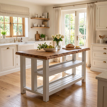 KINGSLEY Light Grey Kitchen Island Solid Wood With Shelf / Breakfast Bar