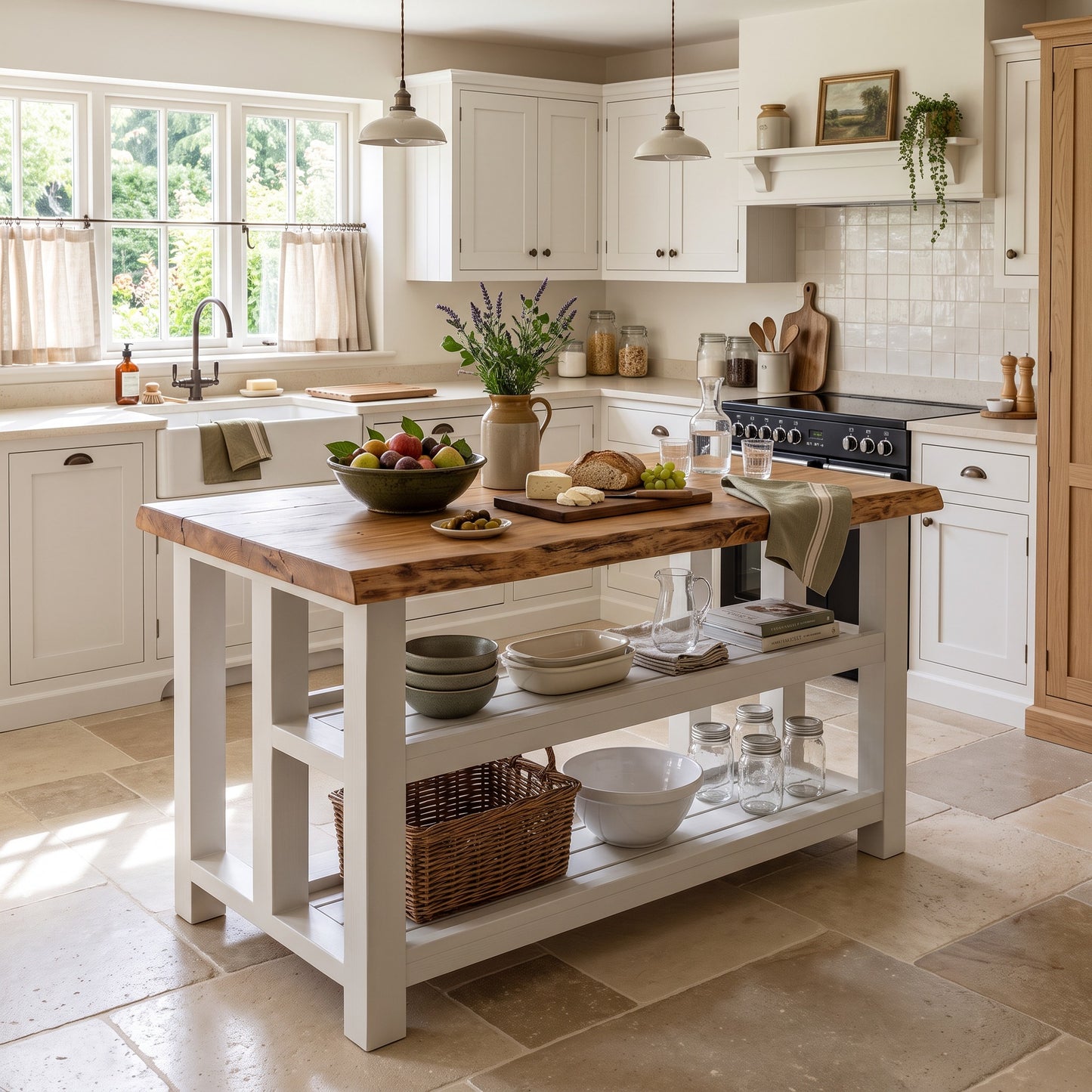 KINGSLEY Light Grey Kitchen Island Solid Wood With Shelf / Breakfast Bar