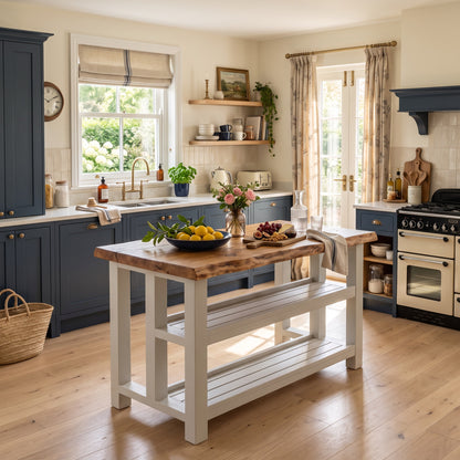 KINGSLEY Light Grey Kitchen Island Solid Wood With Shelf / Breakfast Bar