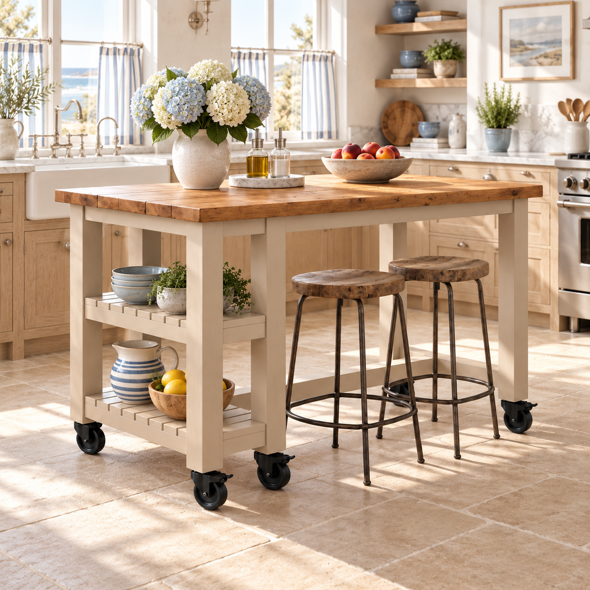 NORVIK Cashmere Cart On Wheels Solid Wood Kitchen Island With Shelf / Breakfast Bar