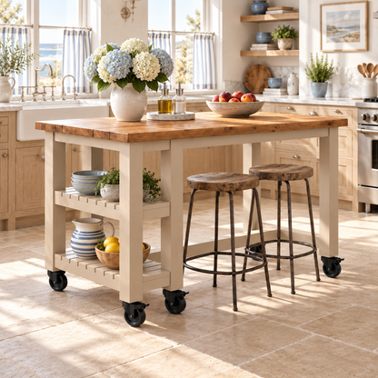 NORVIK Cashmere Cart On Wheels Solid Wood Kitchen Island With Shelf / Breakfast Bar