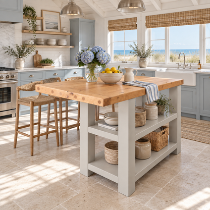 DUNSMERE Light Grey Kitchen Island With Overhang / Breakfast Bar / Rustic Island