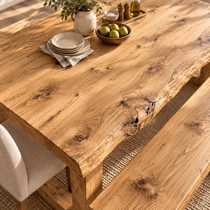 KOHL Light Oak Colour Waney / Live Edge Solid Wood Dining Table With Wooden U Legs and Optional Benches