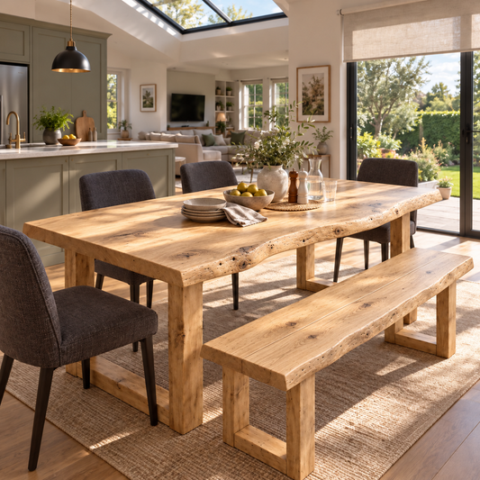 KOHL Light Oak Colour Waney / Live Edge Solid Wood Dining Table With Wooden U Legs and Optional Benches