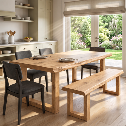 KOHL Light Oak Colour Waney / Live Edge Solid Wood Dining Table With Wooden U Legs and Optional Benches