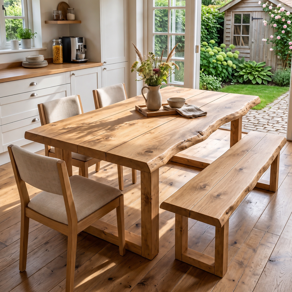 KOHL Light Oak Colour Waney / Live Edge Solid Wood Dining Table With Wooden U Legs and Optional Benches