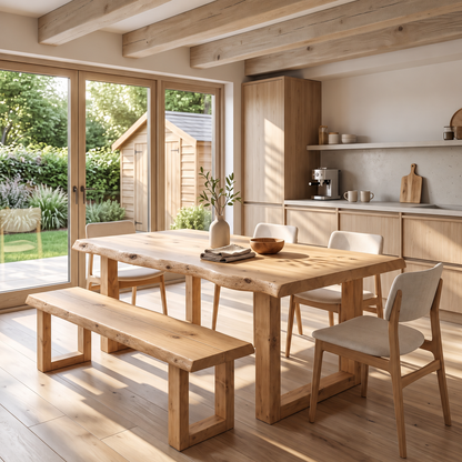 KOHL Light Oak Colour Waney / Live Edge Solid Wood Dining Table With Wooden U Legs and Optional Benches
