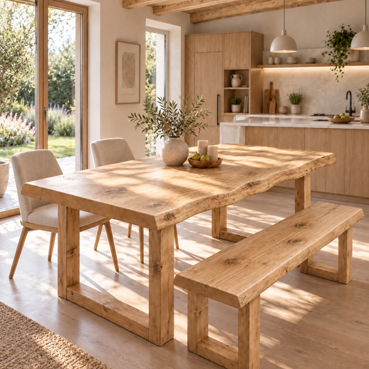 KOHL Light Oak Colour Waney / Live Edge Solid Wood Dining Table With Wooden U Legs and Optional Benches
