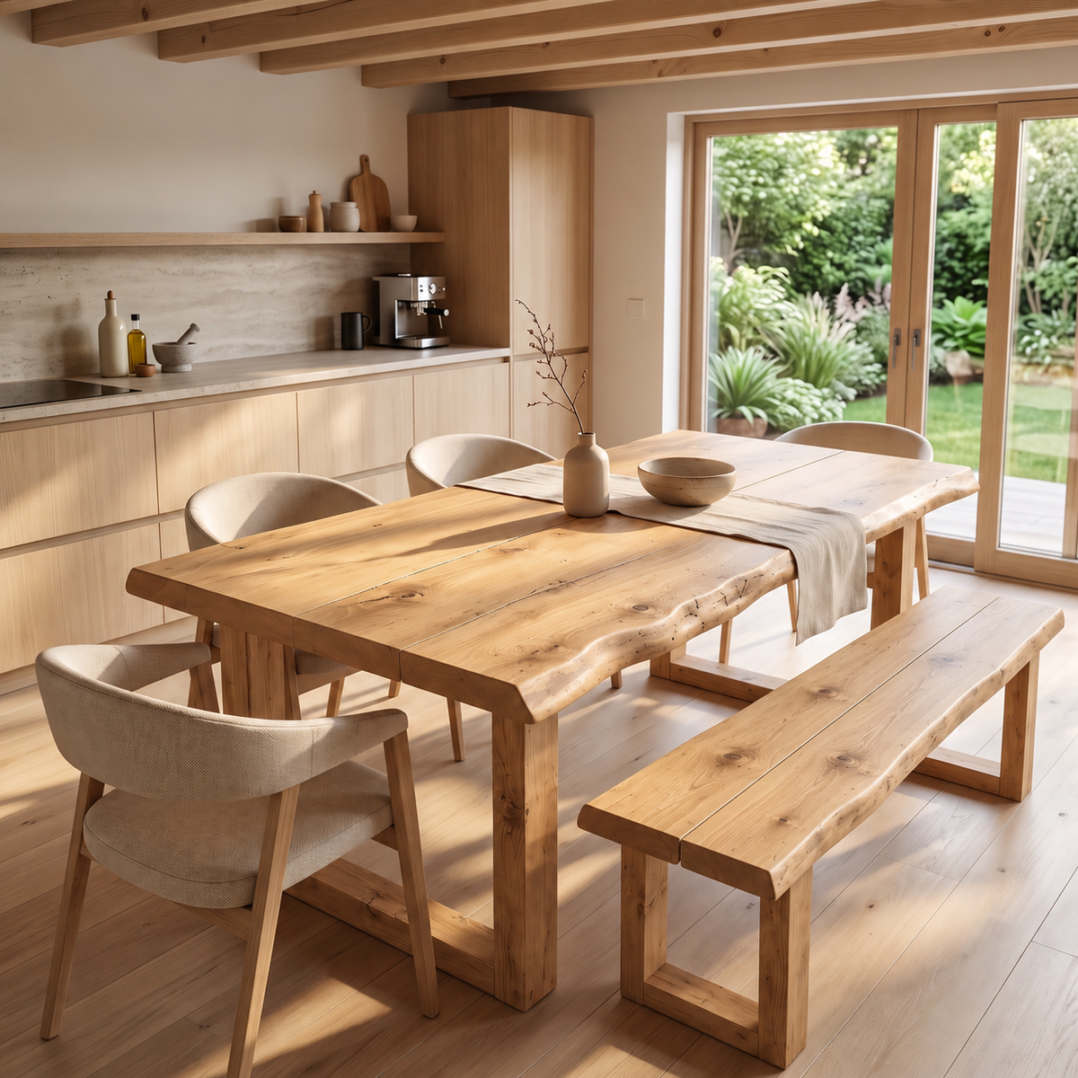 KOHL Light Oak Colour Waney / Live Edge Solid Wood Dining Table With Wooden U Legs and Optional Benches