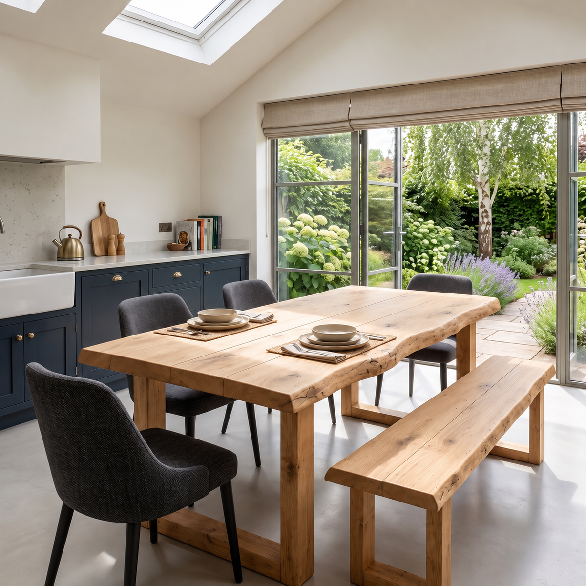 KOHL Light Oak Colour Waney / Live Edge Solid Wood Dining Table With Wooden U Legs and Optional Benches