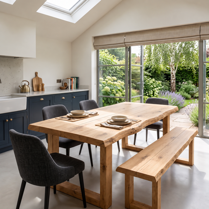 KOHL Light Oak Colour Waney / Live Edge Solid Wood Dining Table With Wooden U Legs and Optional Benches