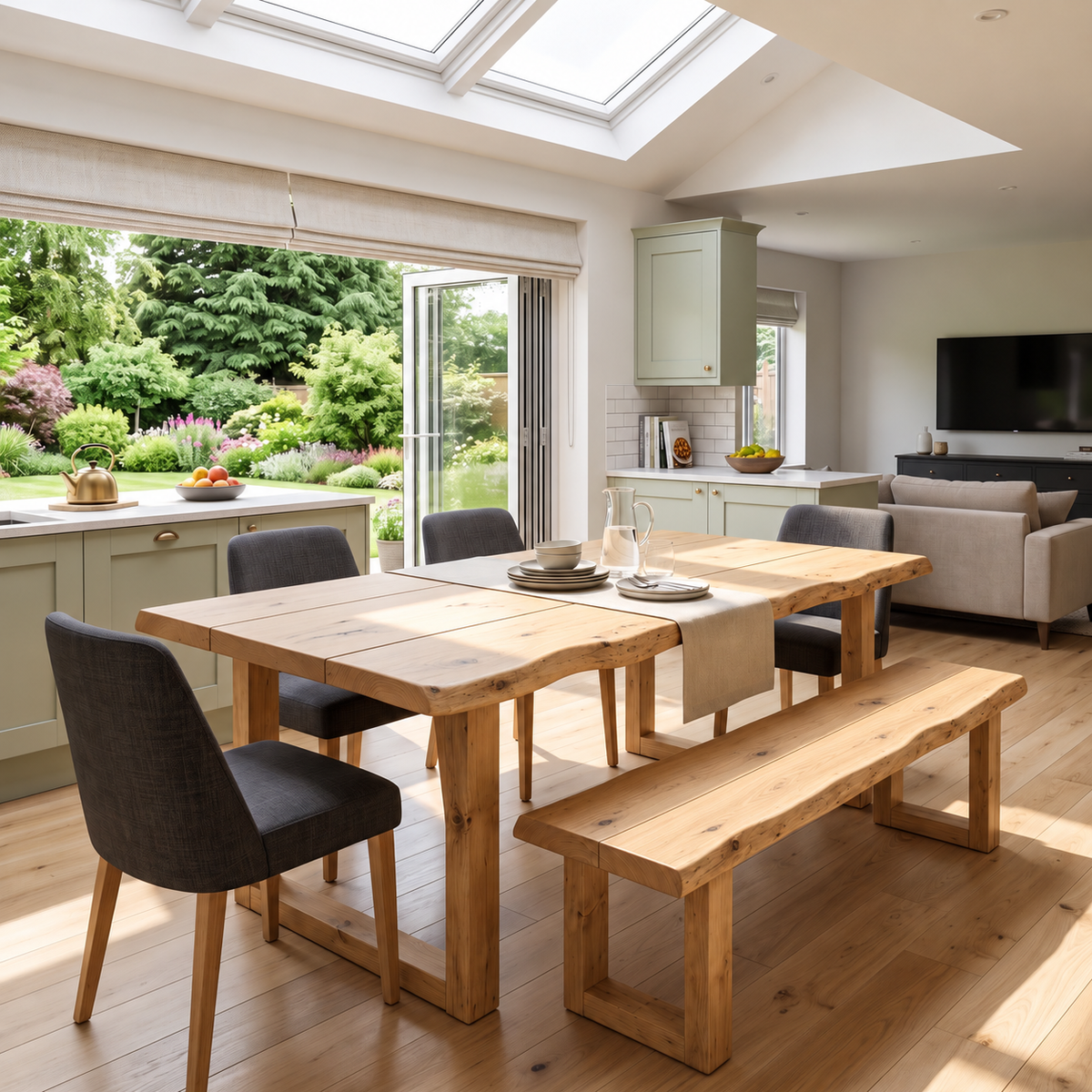 KOHL Light Oak Colour Waney / Live Edge Solid Wood Dining Table With Wooden U Legs and Optional Benches