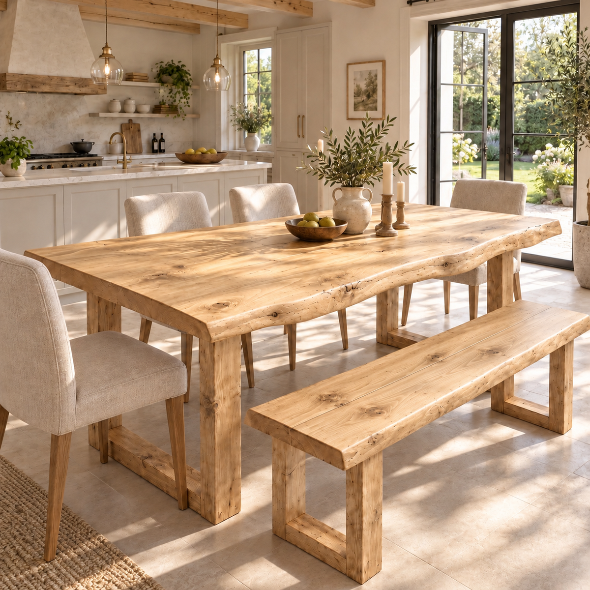 KOHL Light Oak Colour Waney / Live Edge Solid Wood Dining Table With Wooden U Legs and Optional Benches