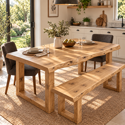 KOHL Light Oak Colour Waney / Live Edge Solid Wood Dining Table With Wooden U Legs and Optional Benches