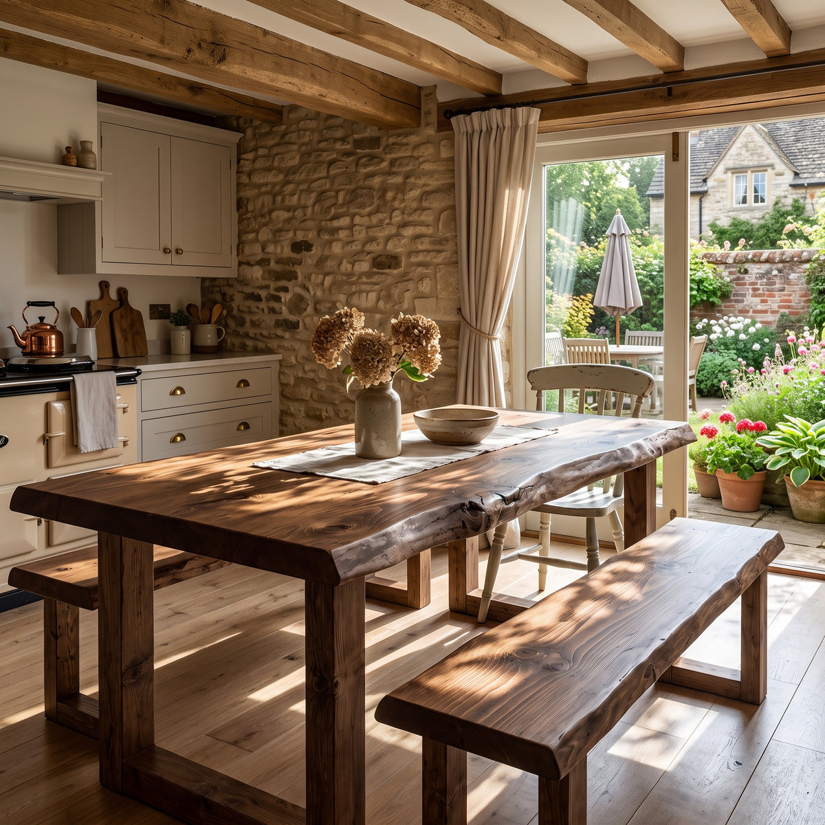 KOHL Walnut Colour Waney / Live Edge Solid Wood Dining Table With Wooden U Legs and Optional Benches