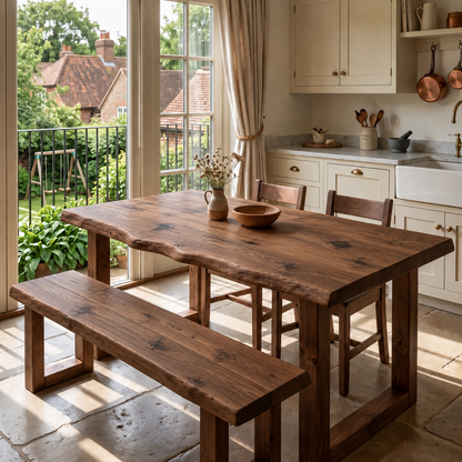 KOHL Walnut Colour Waney / Live Edge Solid Wood Dining Table With Wooden U Legs and Optional Benches