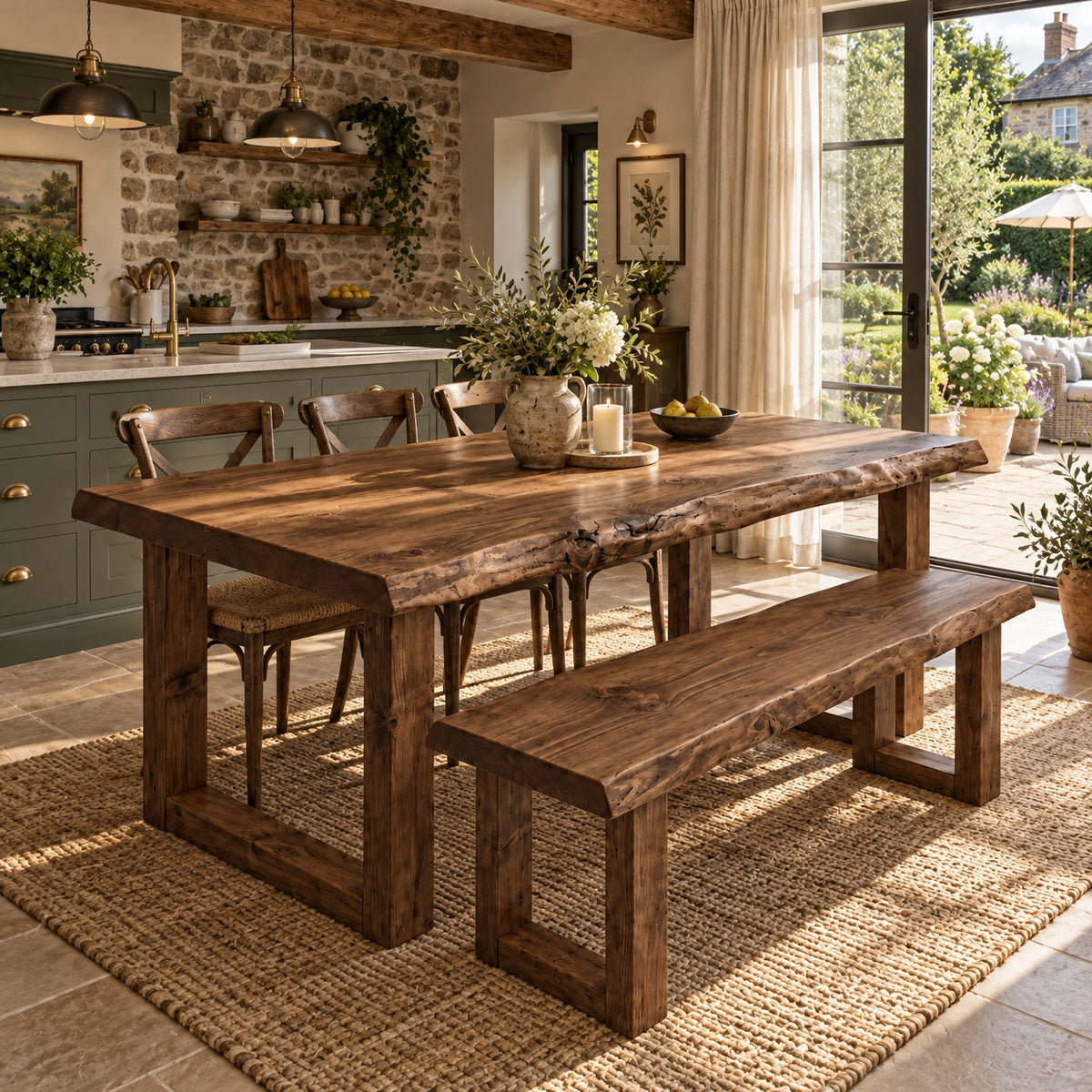 KOHL Walnut Colour Waney / Live Edge Solid Wood Dining Table With Wooden U Legs and Optional Benches