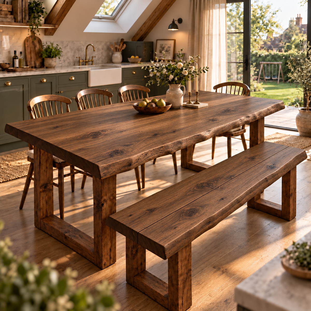KOHL Walnut Colour Waney / Live Edge Solid Wood Dining Table With Wooden U Legs and Optional Benches