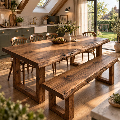 KOHL Walnut Colour Waney / Live Edge Solid Wood Dining Table With Wooden U Legs and Optional Benches