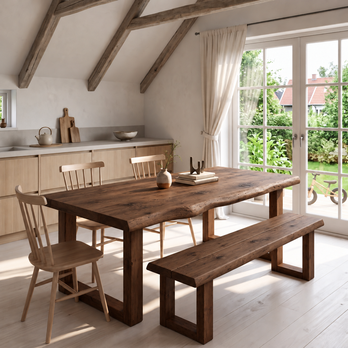 KOHL Walnut Colour Waney / Live Edge Solid Wood Dining Table With Wooden U Legs and Optional Benches