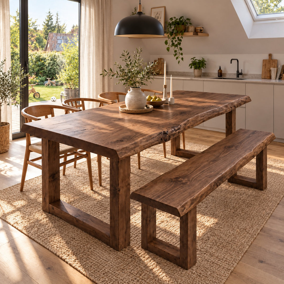 KOHL Walnut Colour Waney / Live Edge Solid Wood Dining Table With Wooden U Legs and Optional Benches
