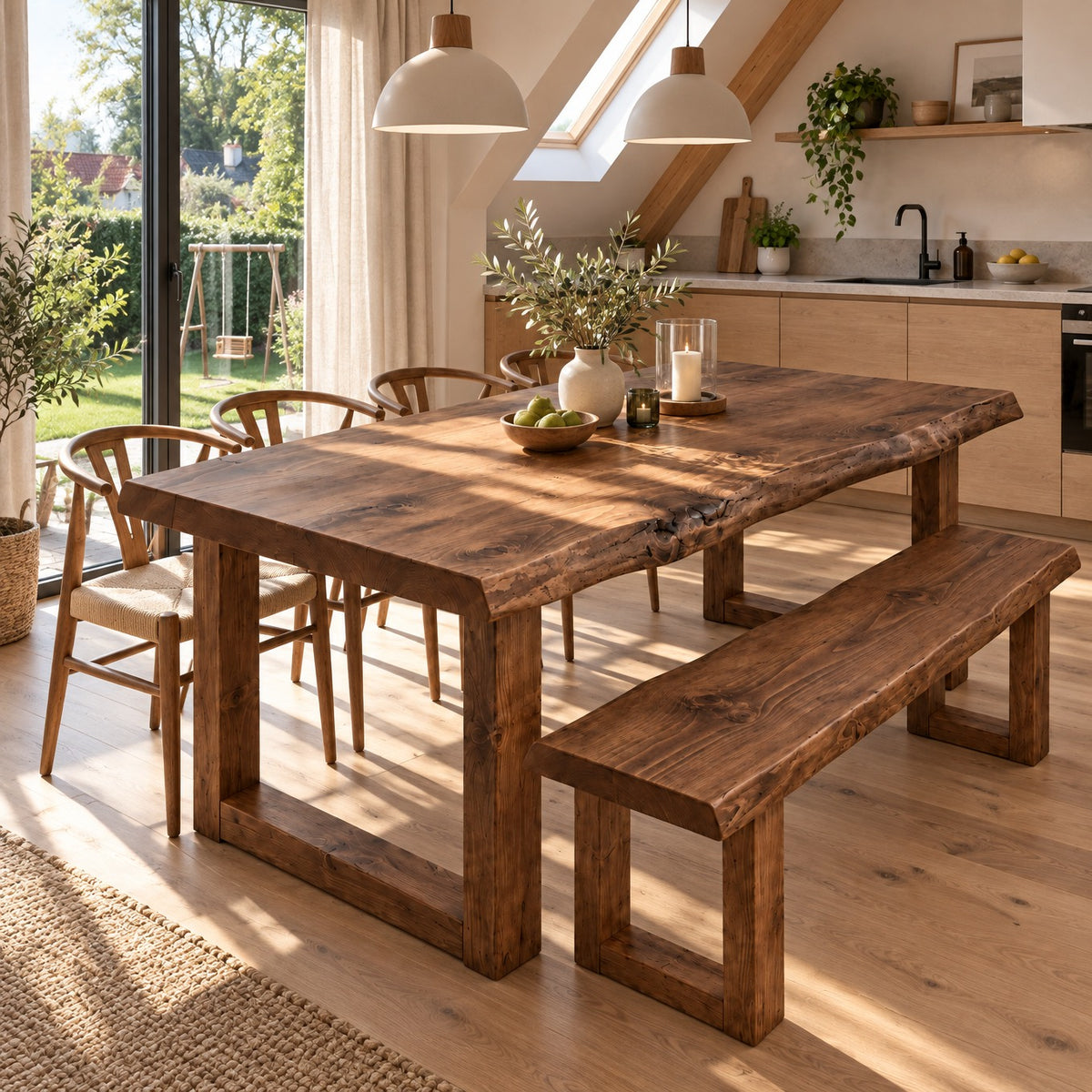 KOHL Walnut Colour Waney / Live Edge Solid Wood Dining Table With Wooden U Legs and Optional Benches