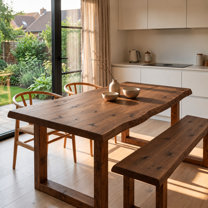 KOHL Walnut Colour Waney / Live Edge Solid Wood Dining Table With Wooden U Legs and Optional Benches