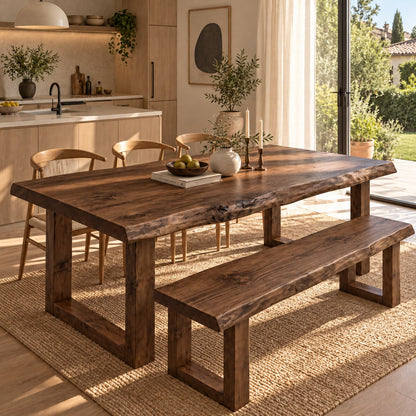 KOHL Walnut Colour Waney / Live Edge Solid Wood Dining Table With Wooden U Legs and Optional Benches