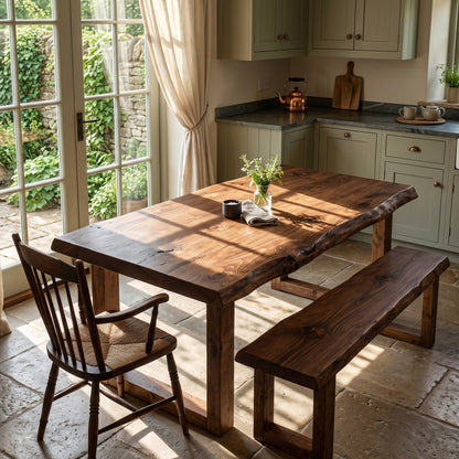 KOHL Walnut Colour Waney / Live Edge Solid Wood Dining Table With Wooden U Legs and Optional Benches