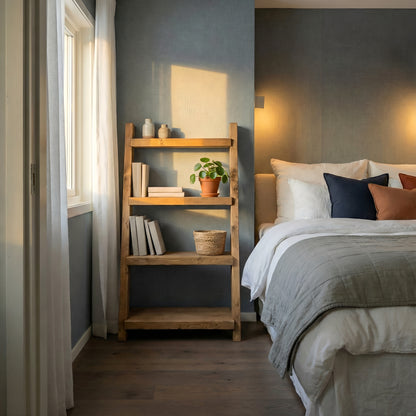 Ladder Solid Wood Bookshelf 4 Tier – Natural Finish Open Bookcase, Rustic Scandinavian Design