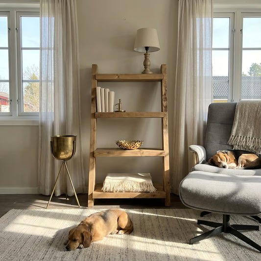 Ladder Solid Wood Bookshelf 4 Tier – Natural Finish Open Bookcase, Rustic Scandinavian Design