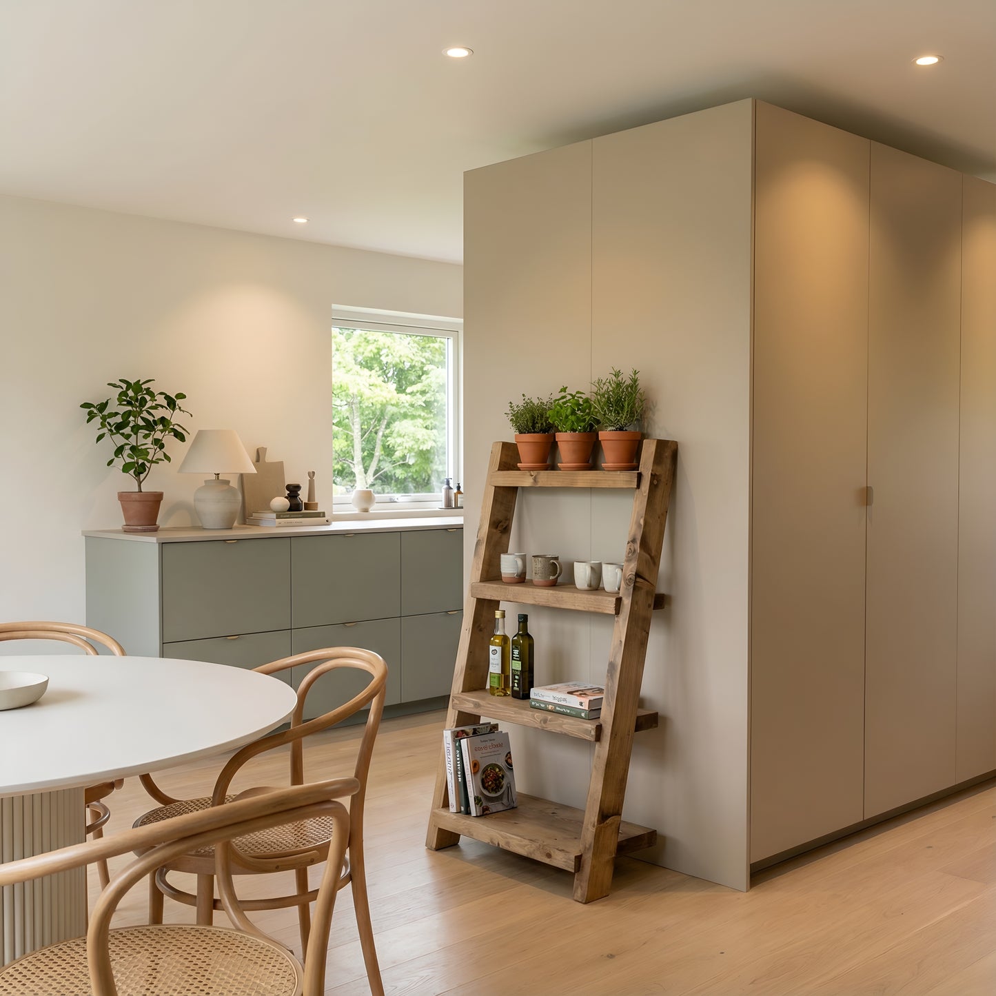 Ladder Solid Wood Bookshelf 4 Tier – Natural Finish Open Bookcase, Rustic Scandinavian Design