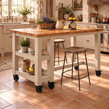 NORVIK Cashmere Cart On Wheels Solid Wood Kitchen Island With Shelf / Breakfast Bar