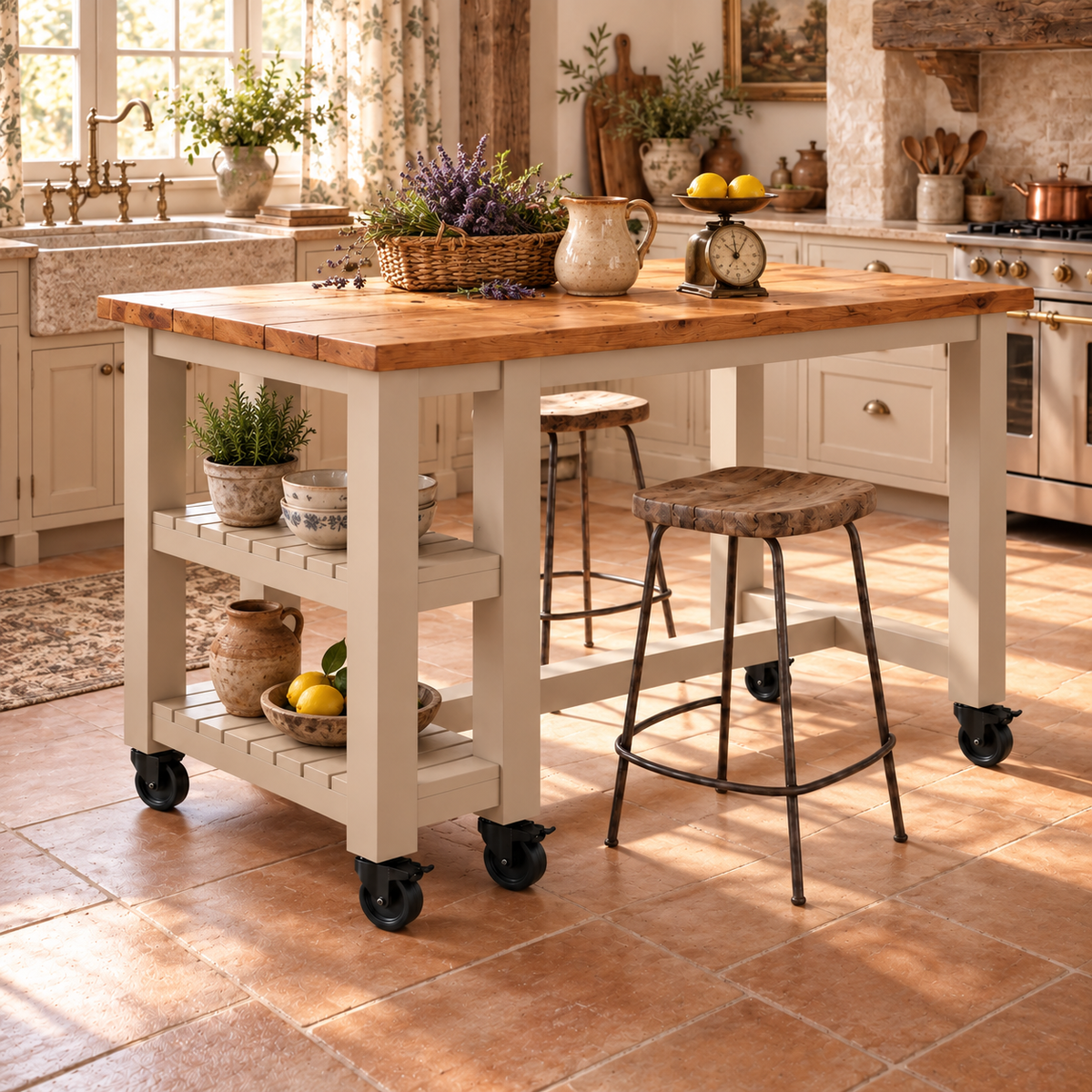 NORVIK Cashmere Cart On Wheels Solid Wood Kitchen Island With Shelf / Breakfast Bar