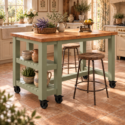 NORVIK Light Green Cart On Wheels Solid Wood Kitchen Island With Shelf / Breakfast Bar