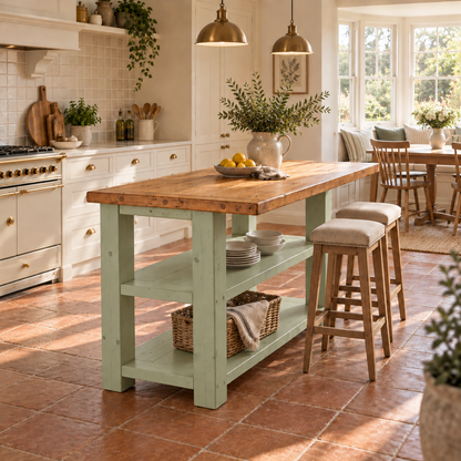 PEMBREY Light Green Kitchen Island With Overhang / Breakfast Bar / Rustic Island