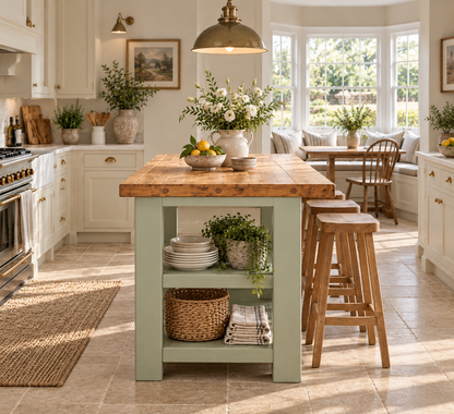 PEMBREY Light Green Kitchen Island With Overhang / Breakfast Bar / Rustic Island