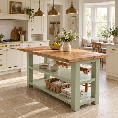 PEMBREY Light Green Kitchen Island With Overhang / Breakfast Bar / Rustic Island