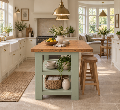PEMBREY Light Green Kitchen Island With Overhang / Breakfast Bar / Rustic Island