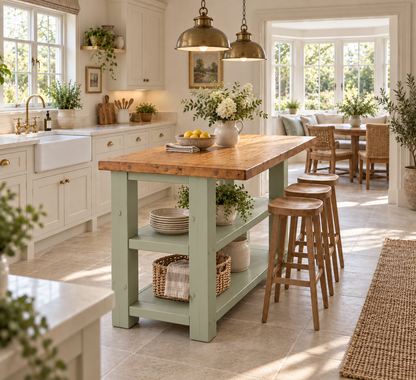 PEMBREY Light Green Kitchen Island With Overhang / Breakfast Bar / Rustic Island