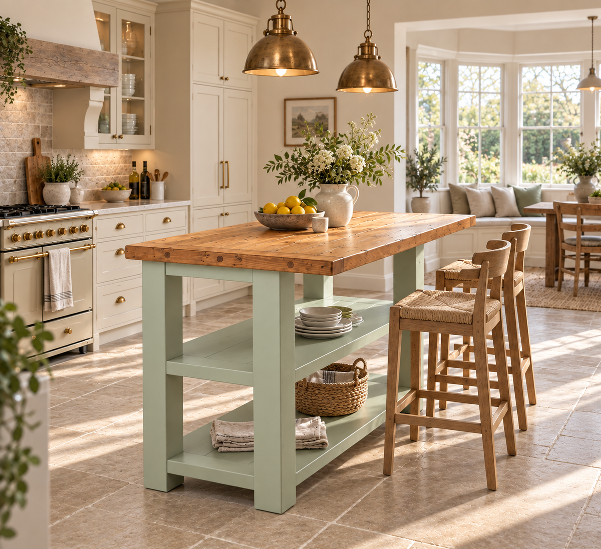 PEMBREY Light Green Kitchen Island With Overhang / Breakfast Bar / Rustic Island