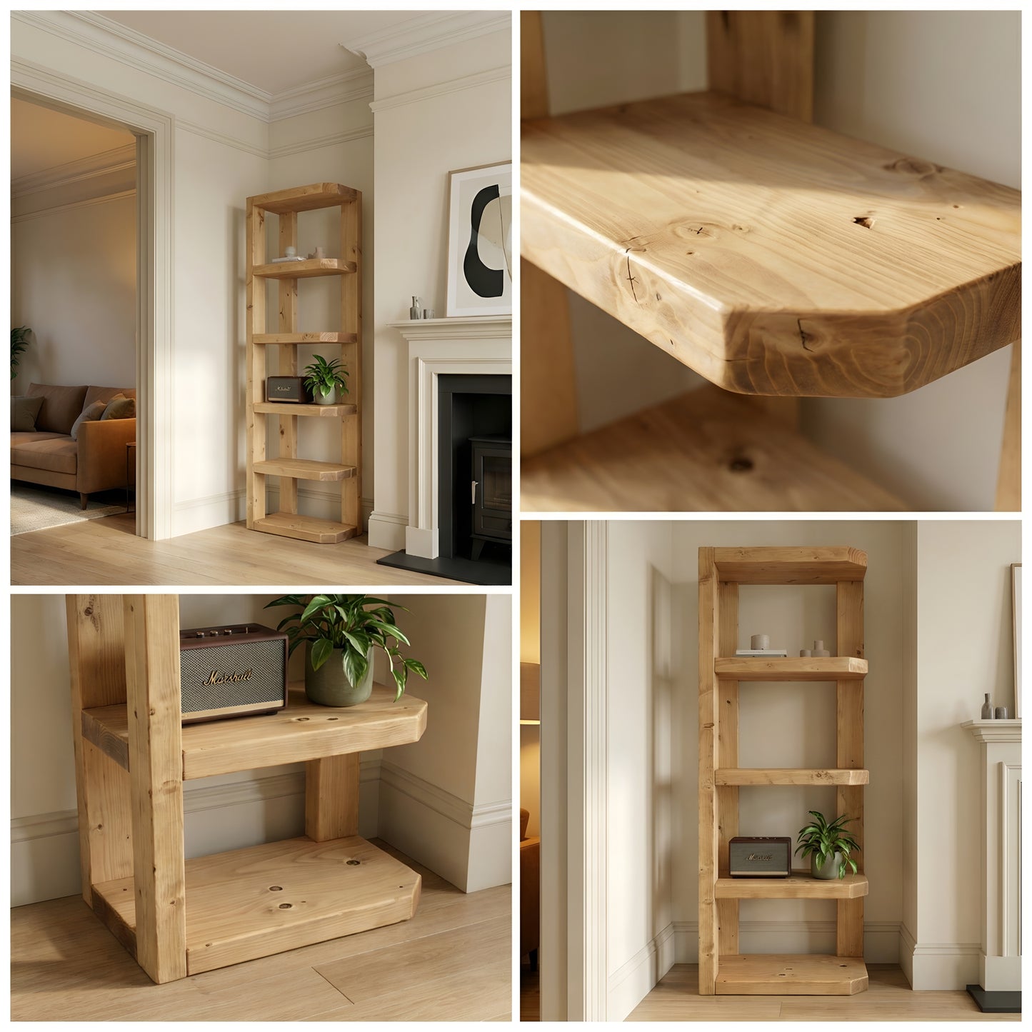 Belix Light Oak Colour Solid Wood Corner Bookshelf –  Open Bookcase, Rustic Scandinavian Design