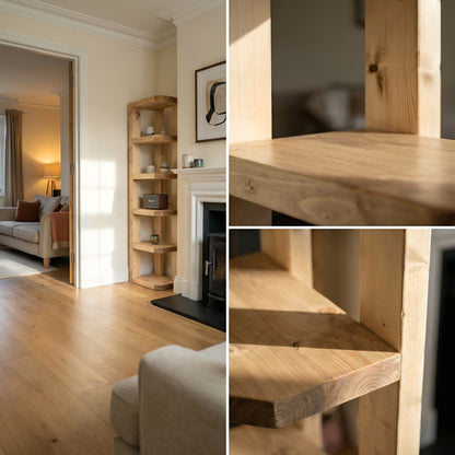 Belix Light Oak Colour Solid Wood Corner Bookshelf –  Open Bookcase, Rustic Scandinavian Design