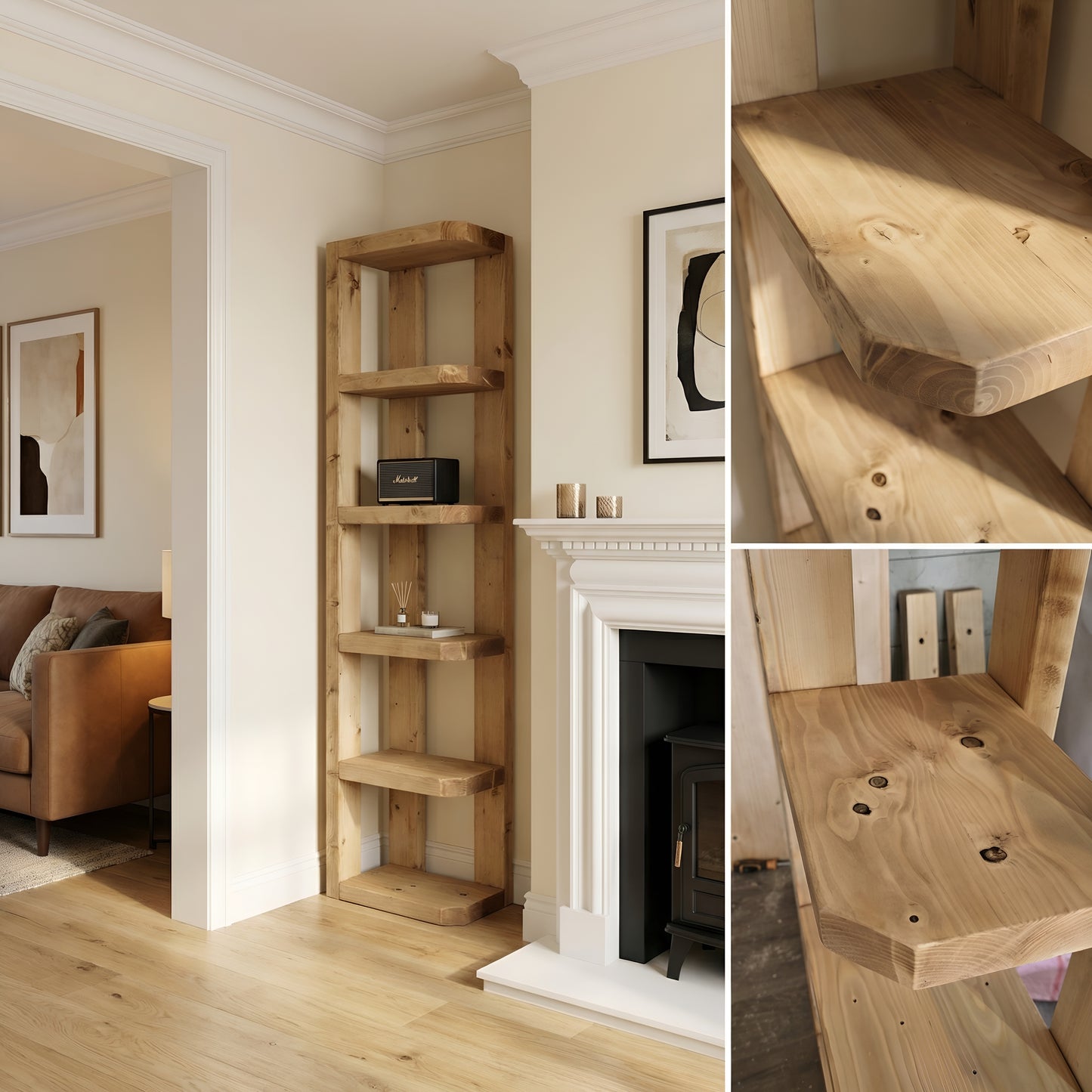 Belix Light Oak Colour Solid Wood Corner Bookshelf –  Open Bookcase, Rustic Scandinavian Design